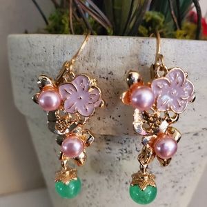 Pearl Stone Bead & Flower Dangle Earrings